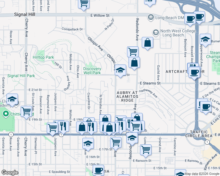 map of restaurants, bars, coffee shops, grocery stores, and more near 2108 Ridgeview Terrace Drive in Signal Hill