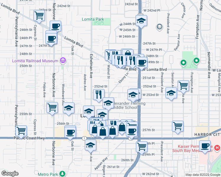 map of restaurants, bars, coffee shops, grocery stores, and more near 25208 Walnut Street in Lomita