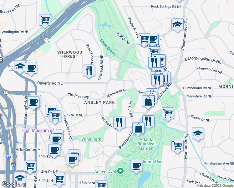 map of restaurants, bars, coffee shops, grocery stores, and more near 71 Maddox Drive Northeast in Atlanta