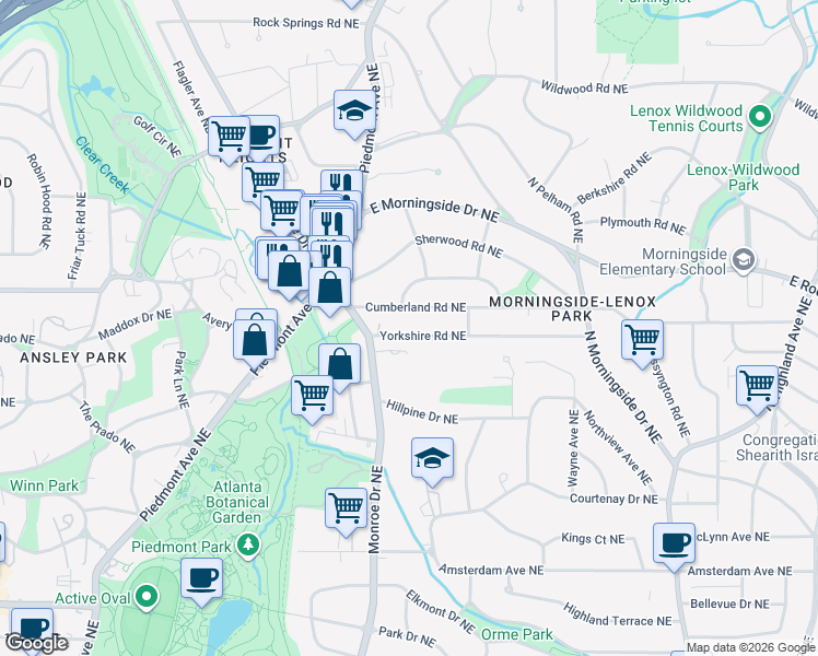 map of restaurants, bars, coffee shops, grocery stores, and more near 650 Yorkshire Road Northeast in Atlanta