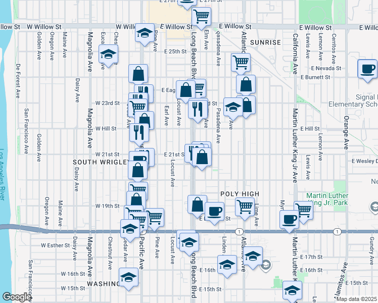 map of restaurants, bars, coffee shops, grocery stores, and more near 2101 Long Beach Boulevard in Long Beach
