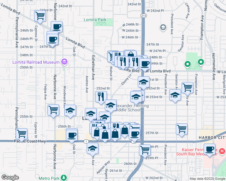 map of restaurants, bars, coffee shops, grocery stores, and more near 25208 Walnut Street in Lomita