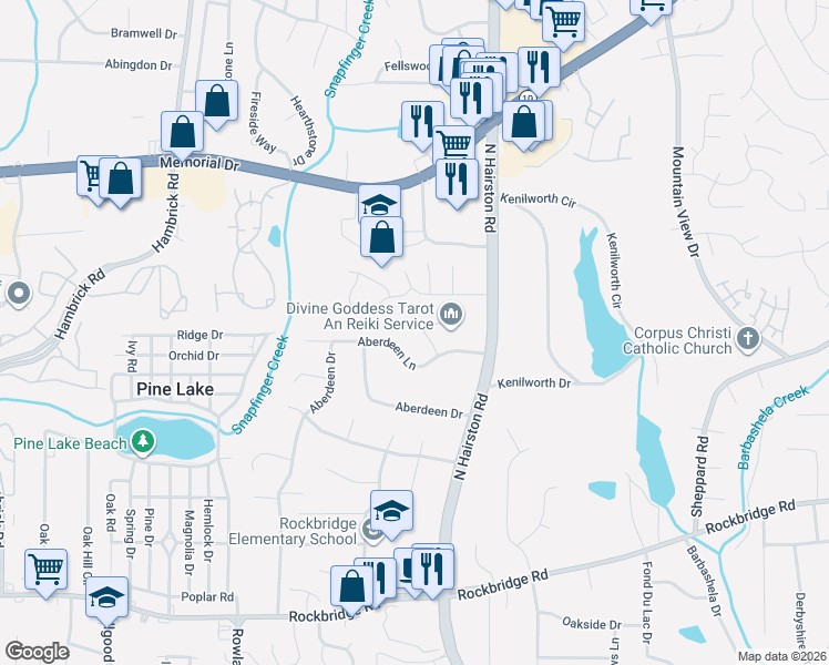 map of restaurants, bars, coffee shops, grocery stores, and more near 628 Bantry Lane in Stone Mountain