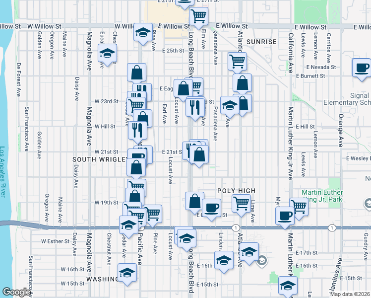 map of restaurants, bars, coffee shops, grocery stores, and more near 2101 Long Beach Boulevard in Long Beach
