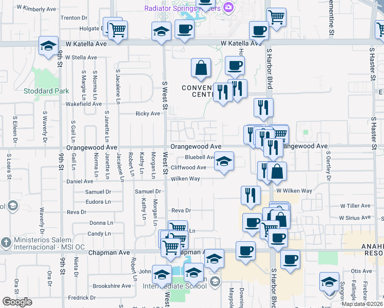 map of restaurants, bars, coffee shops, grocery stores, and more near 12152 Bluebell Avenue in Garden Grove