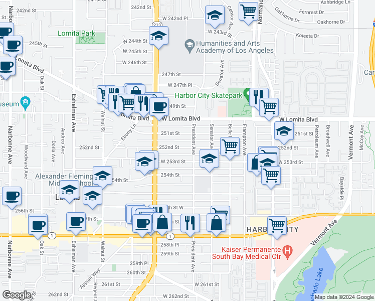 map of restaurants, bars, coffee shops, grocery stores, and more near 1608 252nd Street in Los Angeles