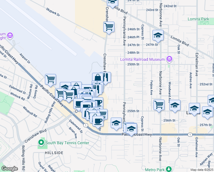 map of restaurants, bars, coffee shops, grocery stores, and more near 2477 West 253rd Street in Lomita