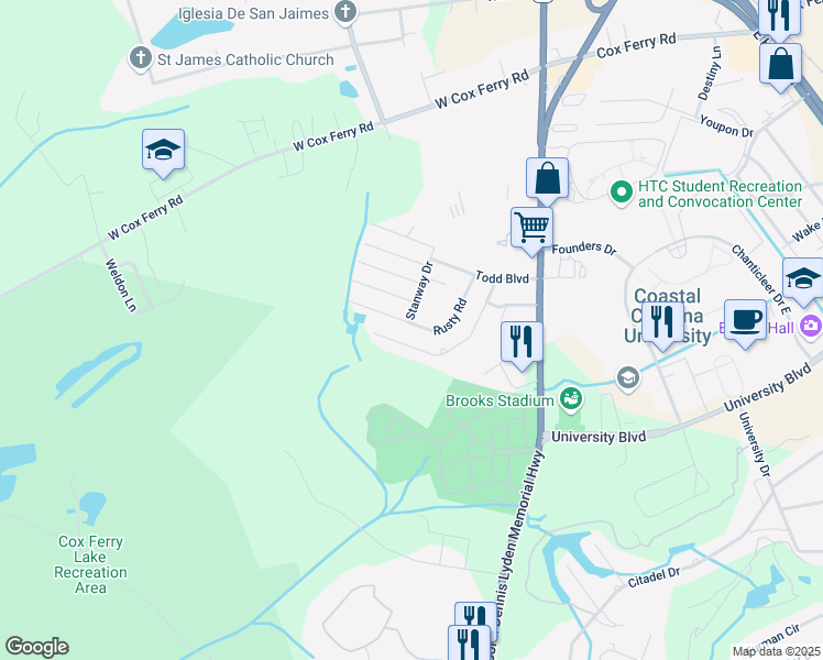 map of restaurants, bars, coffee shops, grocery stores, and more near 627 Lesia Lane in Conway