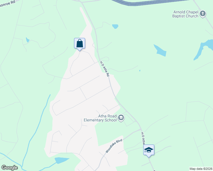 map of restaurants, bars, coffee shops, grocery stores, and more near 1904 Atha Woods Drive in Monroe