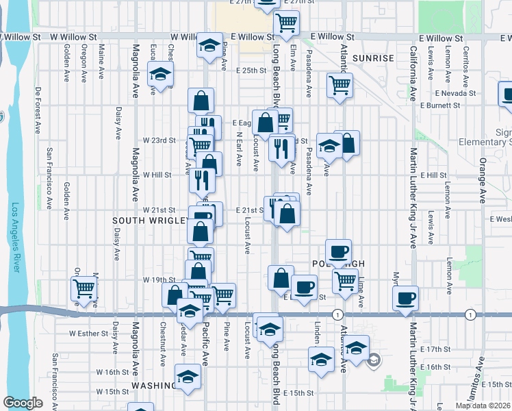map of restaurants, bars, coffee shops, grocery stores, and more near 2098 Locust Avenue in Long Beach