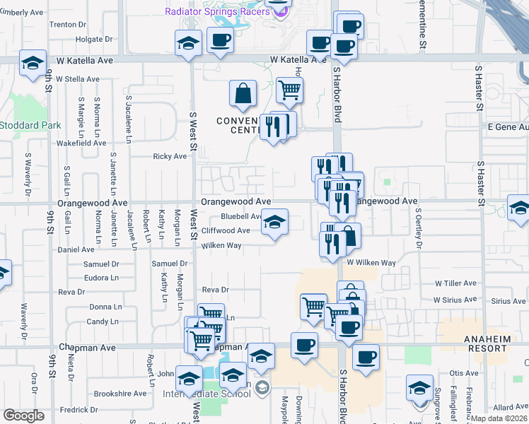 map of restaurants, bars, coffee shops, grocery stores, and more near 12231 Bluebell Avenue in Garden Grove