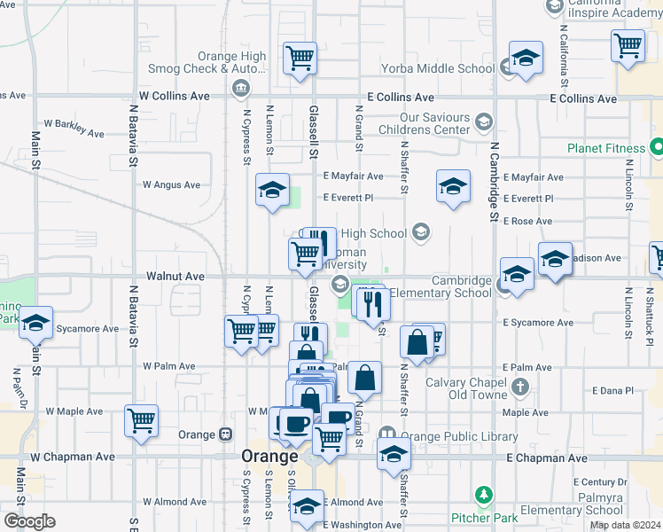 map of restaurants, bars, coffee shops, grocery stores, and more near 300 East Walnut Avenue in Orange
