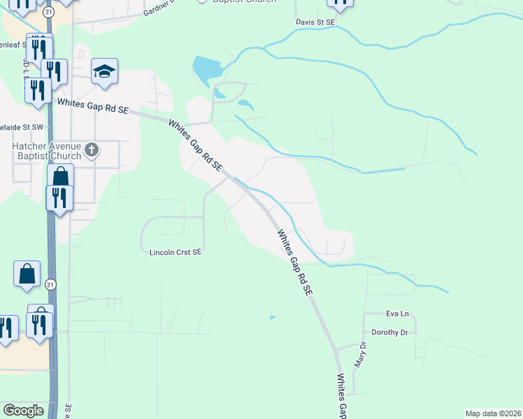 map of restaurants, bars, coffee shops, grocery stores, and more near 1025 Whites Gap Road Southeast in Jacksonville