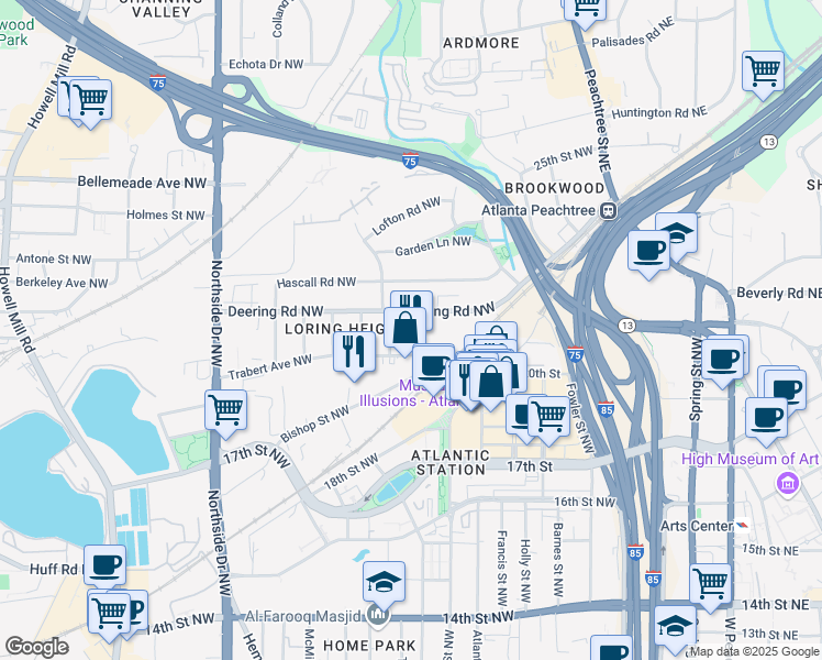 map of restaurants, bars, coffee shops, grocery stores, and more near 1468 Mecaslin Street Northwest in Atlanta