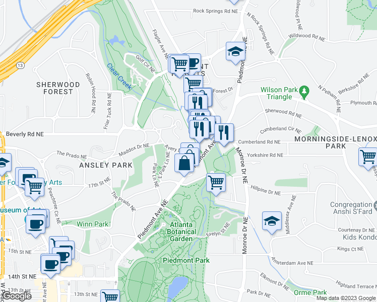 map of restaurants, bars, coffee shops, grocery stores, and more near 43 Avery Drive Northeast in Atlanta