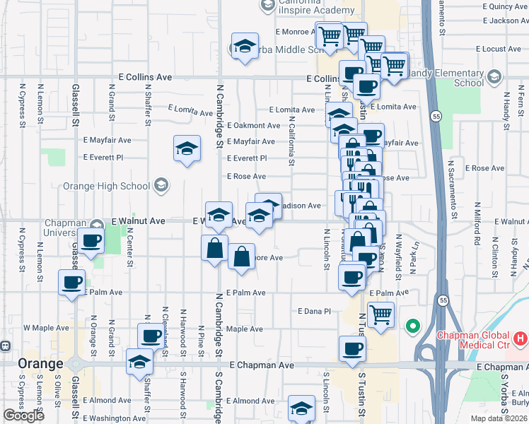 map of restaurants, bars, coffee shops, grocery stores, and more near 1130 East Walnut Avenue in Orange