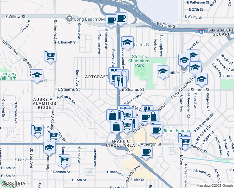 map of restaurants, bars, coffee shops, grocery stores, and more near 2101 North Lakewood Boulevard in Long Beach