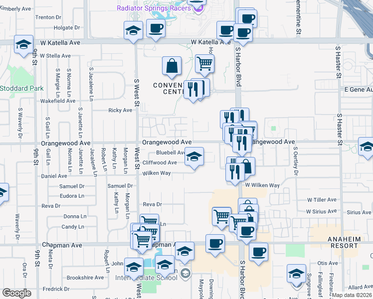 map of restaurants, bars, coffee shops, grocery stores, and more near 12231 Bluebell Avenue in Garden Grove