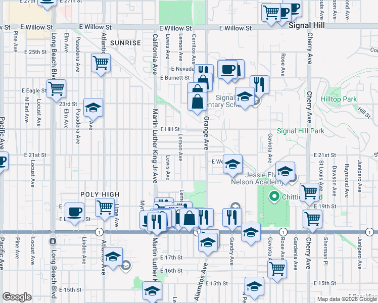 map of restaurants, bars, coffee shops, grocery stores, and more near 2095 Cerritos Avenue in Long Beach