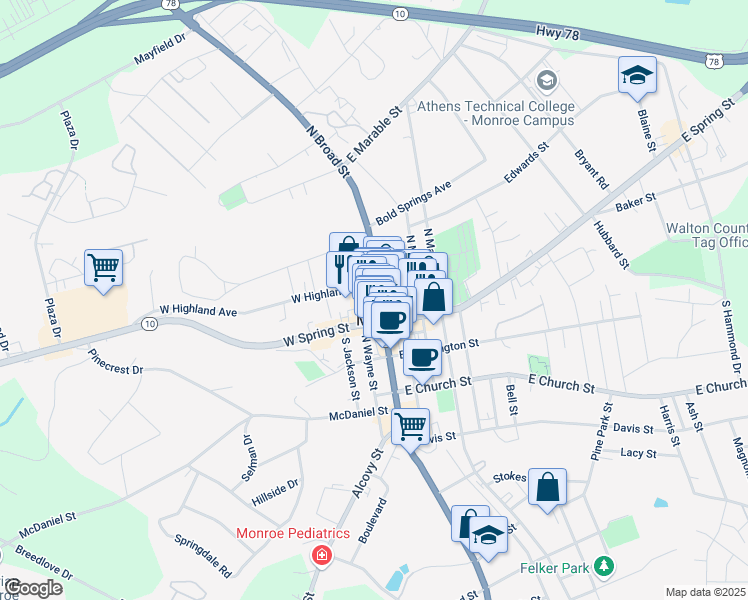 map of restaurants, bars, coffee shops, grocery stores, and more near 127 North Broad Street in Monroe