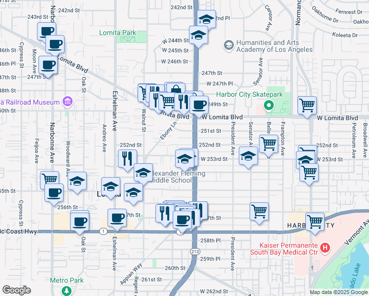 map of restaurants, bars, coffee shops, grocery stores, and more near 1728 252nd Street in Lomita