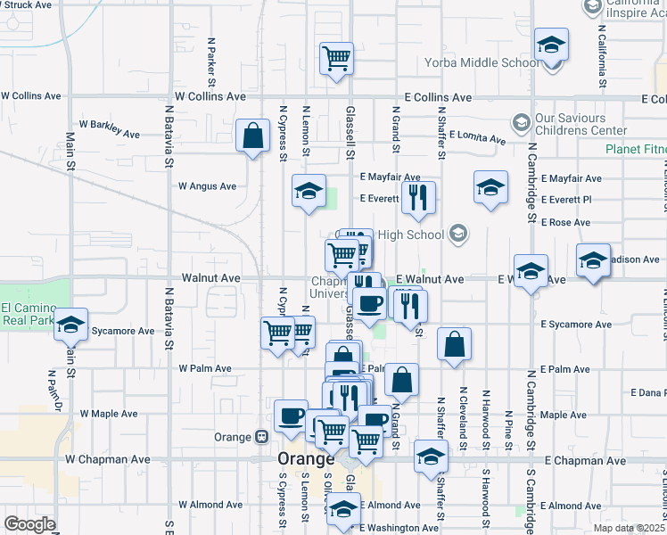 map of restaurants, bars, coffee shops, grocery stores, and more near 535 North Olive Street in Orange