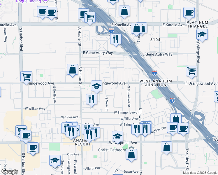 map of restaurants, bars, coffee shops, grocery stores, and more near 2128 South Jetty Drive in Anaheim