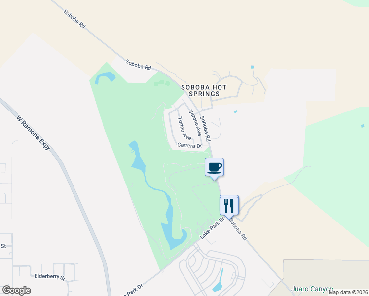 map of restaurants, bars, coffee shops, grocery stores, and more near 1750 Carrera Drive in San Jacinto