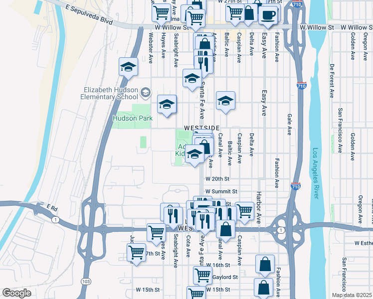 map of restaurants, bars, coffee shops, grocery stores, and more near 1721 West 21st Street in Long Beach
