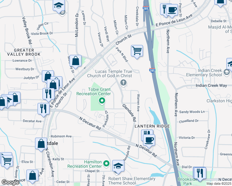 map of restaurants, bars, coffee shops, grocery stores, and more near 639 Rufus Henderson Drive in Scottdale