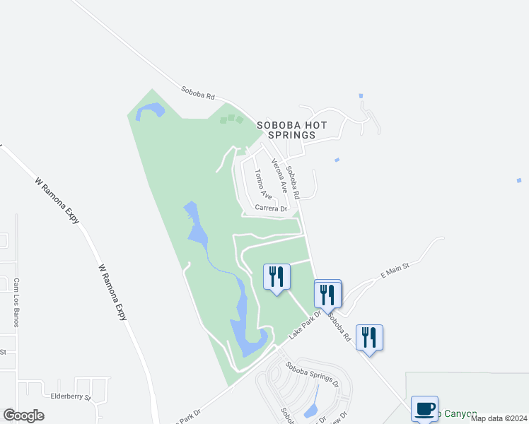 map of restaurants, bars, coffee shops, grocery stores, and more near 1750 Carrera Drive in San Jacinto