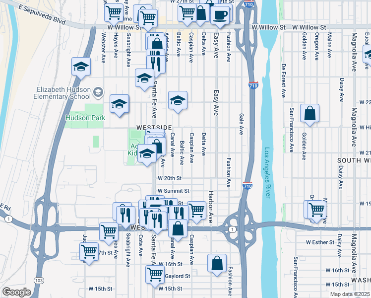 map of restaurants, bars, coffee shops, grocery stores, and more near 2082 Caspian Avenue in Long Beach