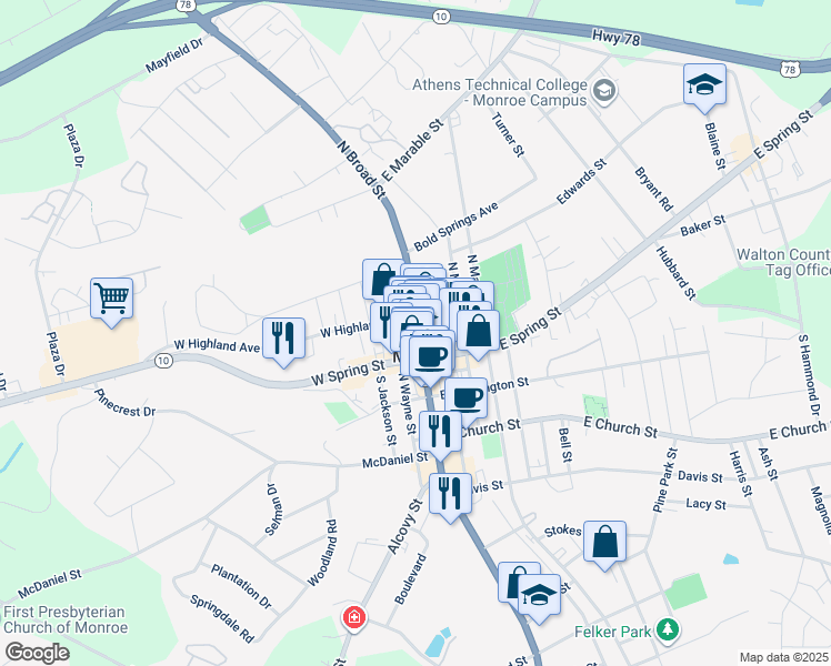 map of restaurants, bars, coffee shops, grocery stores, and more near 129 North Broad Street in Monroe