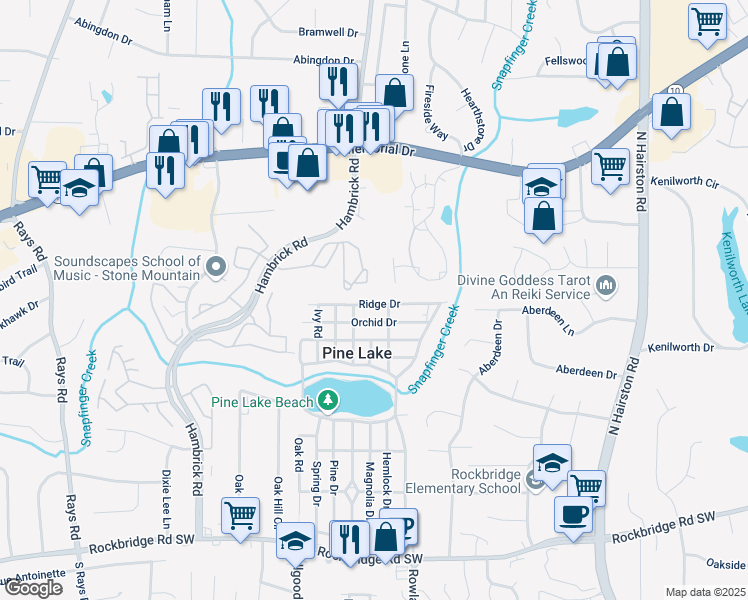 map of restaurants, bars, coffee shops, grocery stores, and more near 4614 Ridge Drive in Pine Lake