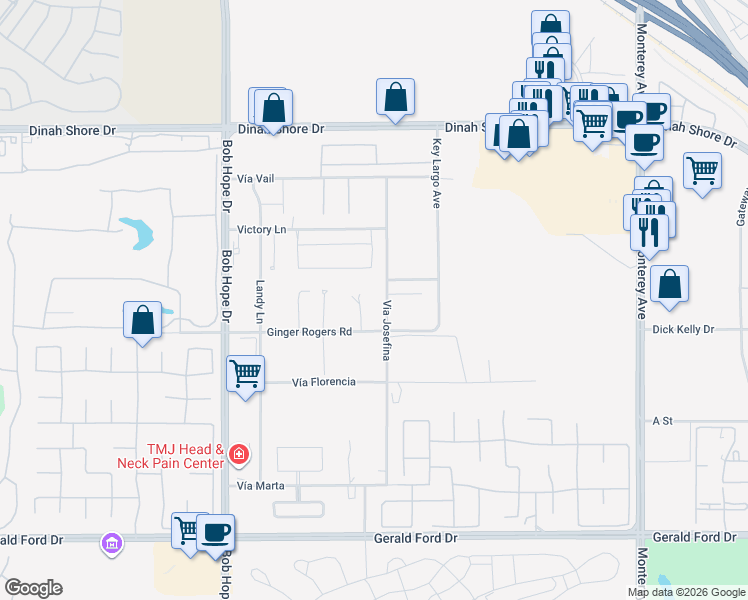 map of restaurants, bars, coffee shops, grocery stores, and more near 34777 Via Josefina in Rancho Mirage