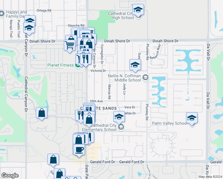 map of restaurants, bars, coffee shops, grocery stores, and more near 34885 Vaquero Road in Cathedral City