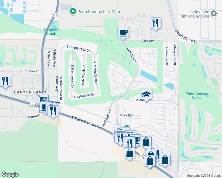 map of restaurants, bars, coffee shops, grocery stores, and more near 5519 Los Coyotes Drive in Palm Springs