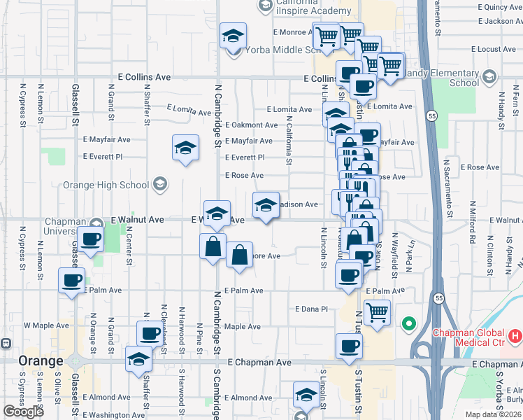 map of restaurants, bars, coffee shops, grocery stores, and more near 1130 East Walnut Avenue in Orange