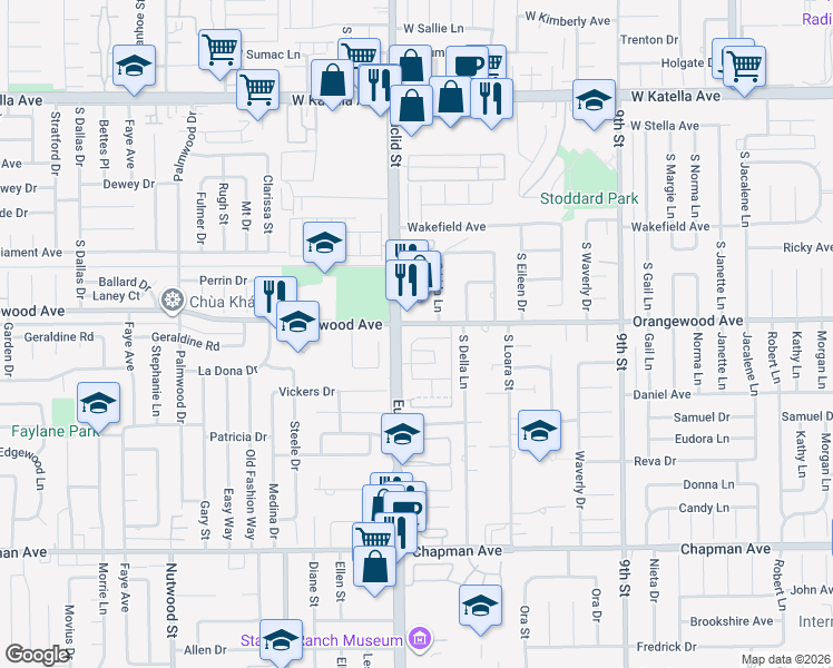 map of restaurants, bars, coffee shops, grocery stores, and more near 2111 South Cindy Place in Anaheim
