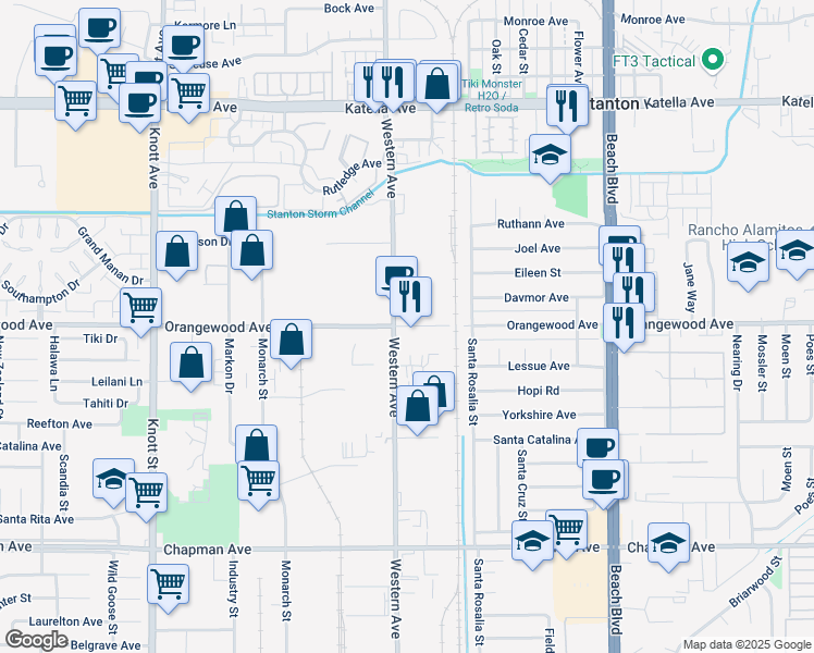 map of restaurants, bars, coffee shops, grocery stores, and more near 7562 Orangewood Avenue in Stanton