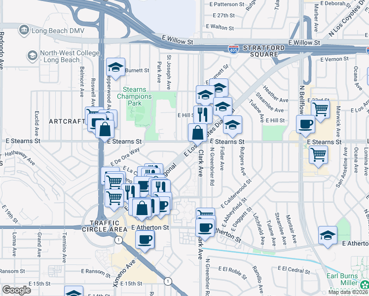 map of restaurants, bars, coffee shops, grocery stores, and more near 5025 East Los Coyotes Diagonal in Long Beach