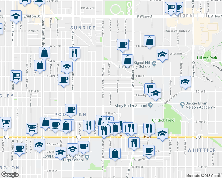 map of restaurants, bars, coffee shops, grocery stores, and more near 2081 Lemon Avenue in Long Beach