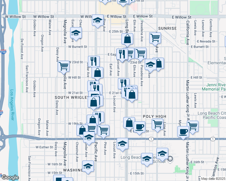 map of restaurants, bars, coffee shops, grocery stores, and more near 2070 Locust Avenue in Long Beach