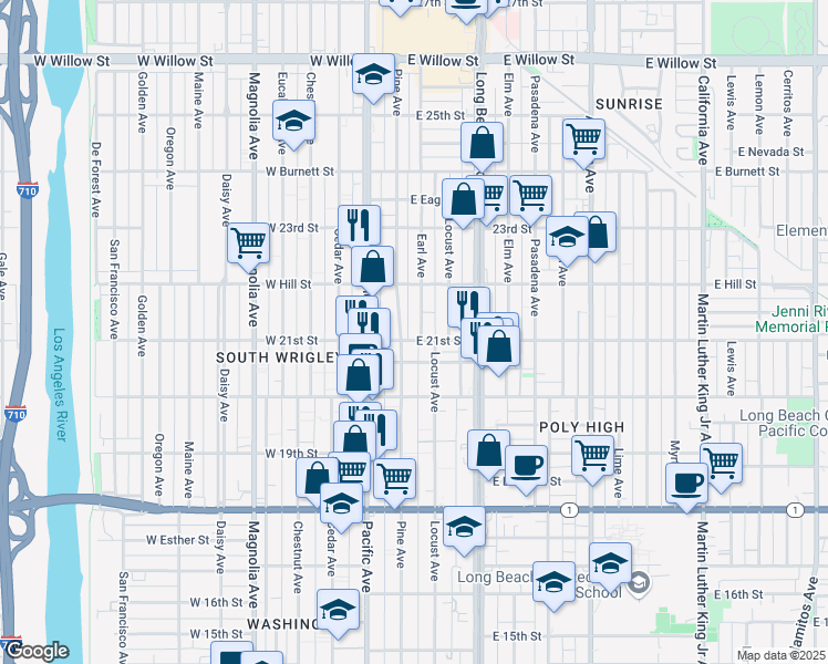 map of restaurants, bars, coffee shops, grocery stores, and more near 2075 Pine Avenue in Long Beach