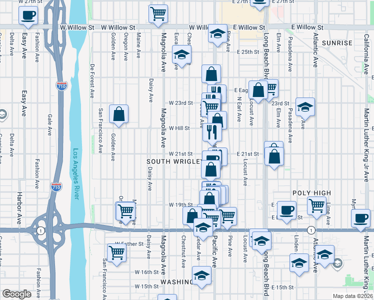 map of restaurants, bars, coffee shops, grocery stores, and more near 2084 Chestnut Avenue in Long Beach