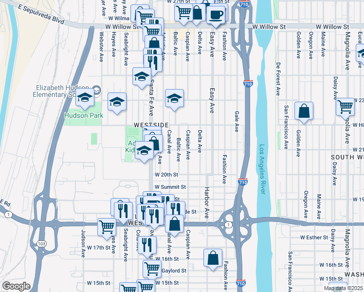 map of restaurants, bars, coffee shops, grocery stores, and more near 2082 Caspian Avenue in Long Beach