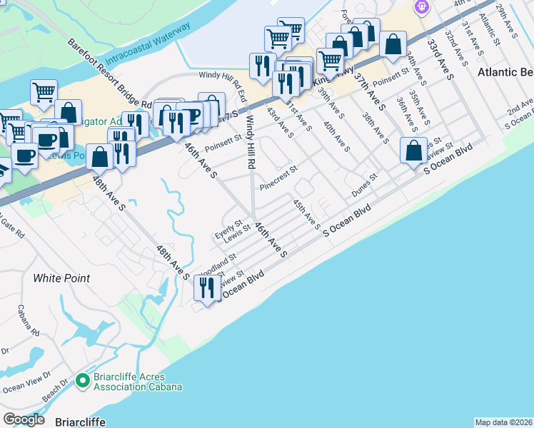 map of restaurants, bars, coffee shops, grocery stores, and more near 407 46th Avenue South in North Myrtle Beach