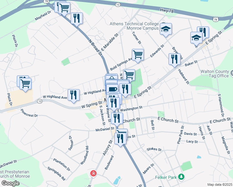 map of restaurants, bars, coffee shops, grocery stores, and more near 127 North Lumpkin Street in Monroe