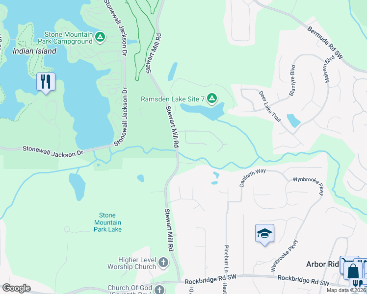 map of restaurants, bars, coffee shops, grocery stores, and more near 760 Pine Bark Road in Stone Mountain