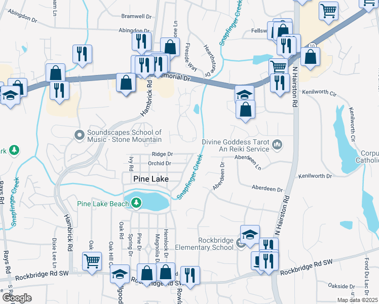 map of restaurants, bars, coffee shops, grocery stores, and more near 655 Spruce Drive in Pine Lake
